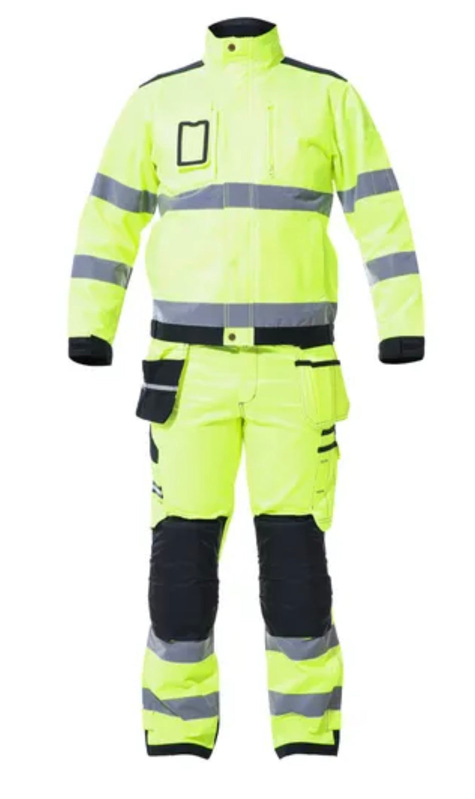 Two-Piece Construction Suit – Jacket & Trousers with Yellow Reflective Details and Custom Logo Option